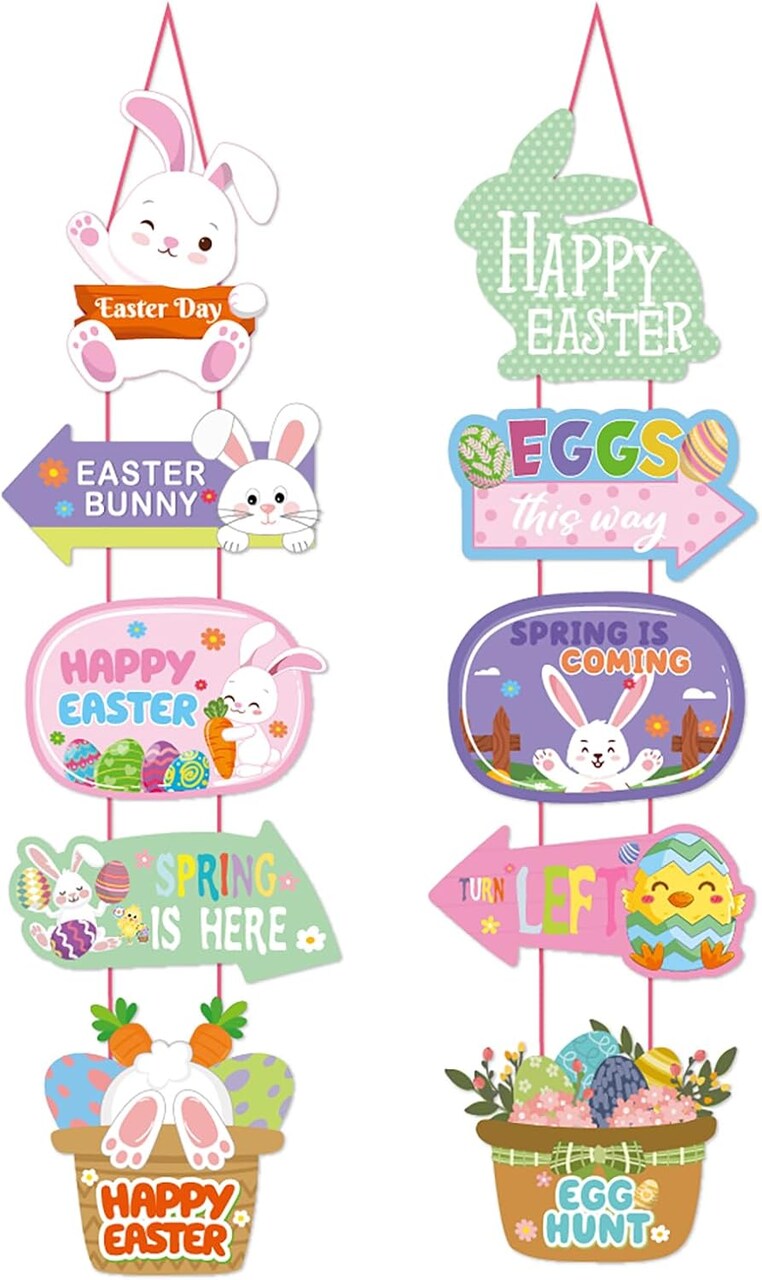 Easter Rainbow Party-Decorations Front-Porch Door Hanger-Decor - 2pcs Spring Bunny Egg Happy Easter Paper Signs Banners, Home Office Classroom Baby Shower Hanging Garland Supplies Burgleda